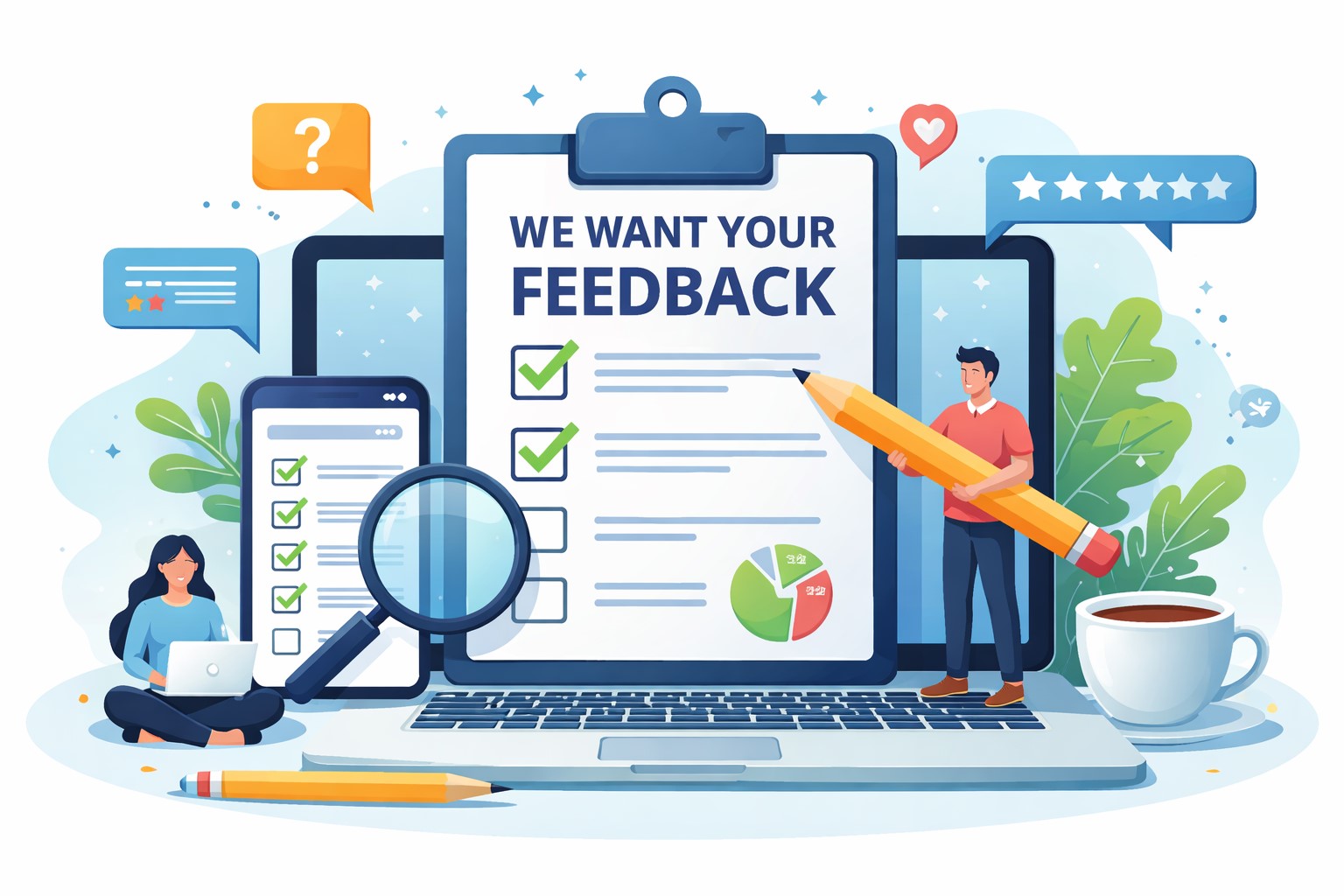 A modern, friendly illustration shows a clipboard on a laptop with the words, WE WANT YOUR FEEDBACK